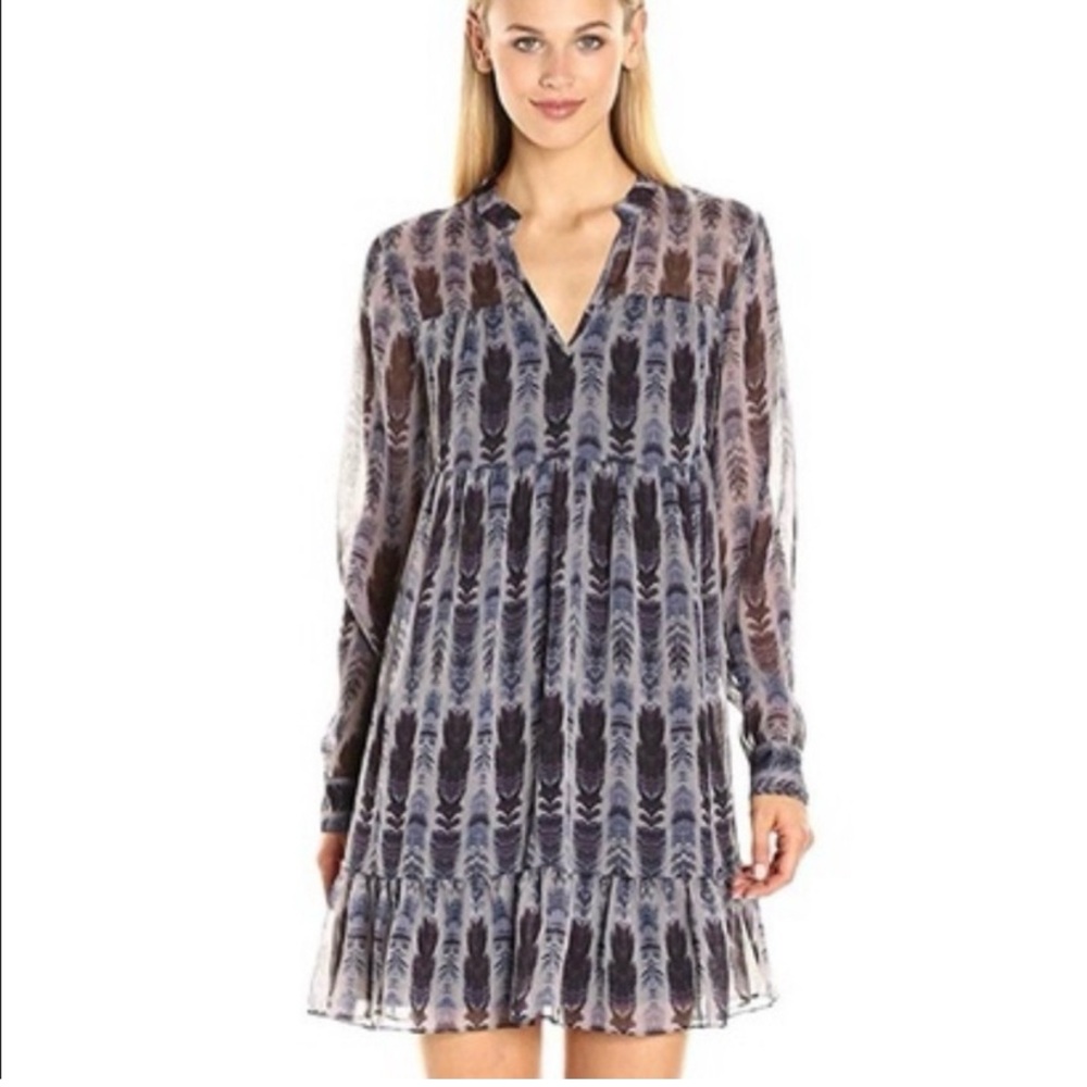 BCBG Generation tiered feathers print overlay dress boho xxs long sleeve